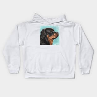 Painting of an Adorable Rottweiler from the Side, Light Blue Spattered Background Kids Hoodie